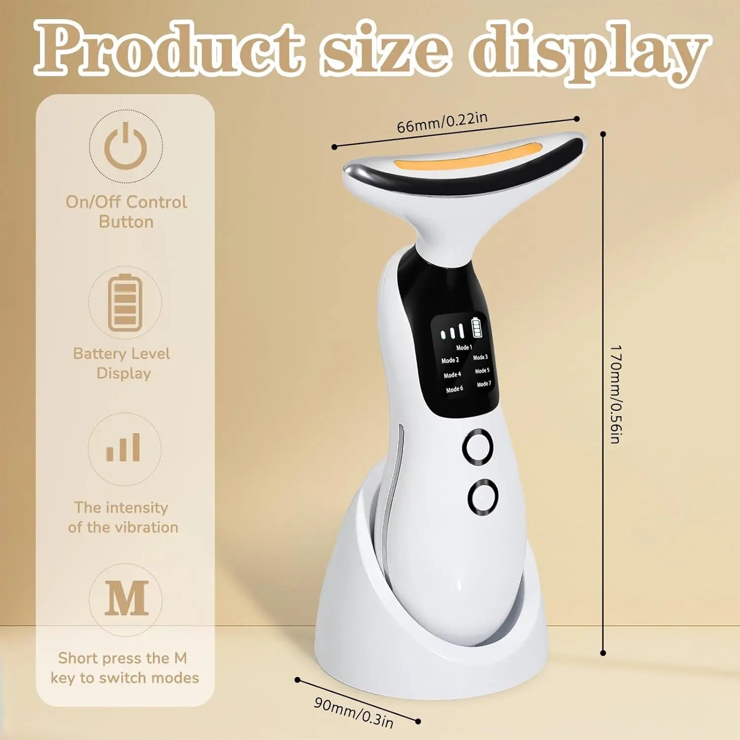 Neck facial massager size display with dimensions and included accessories