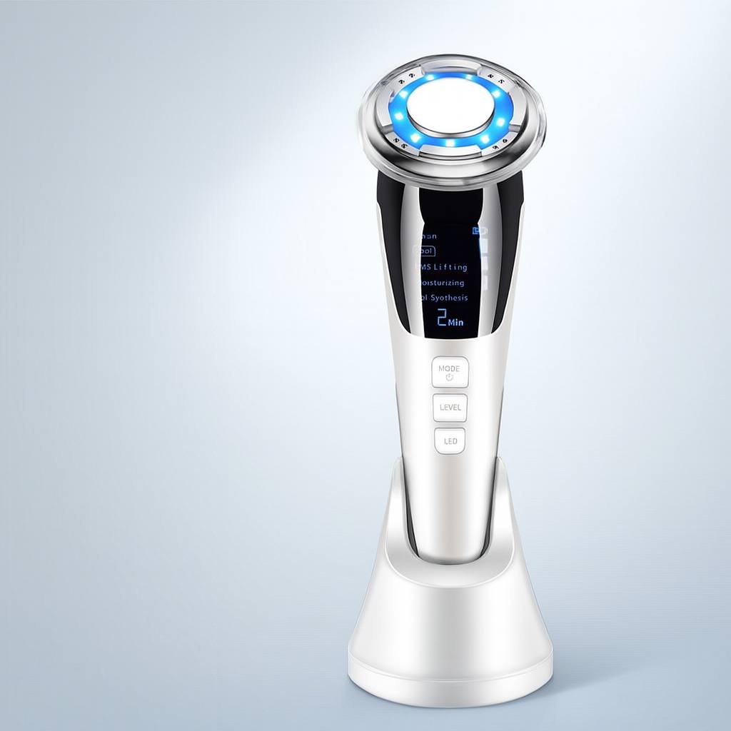 High-resolution image of a white EMS hot and cold LED photon facial device on a charging base, used for deep cleansing, serum absorption, fine pore tightening, and advanced anti-aging skincare treatments
