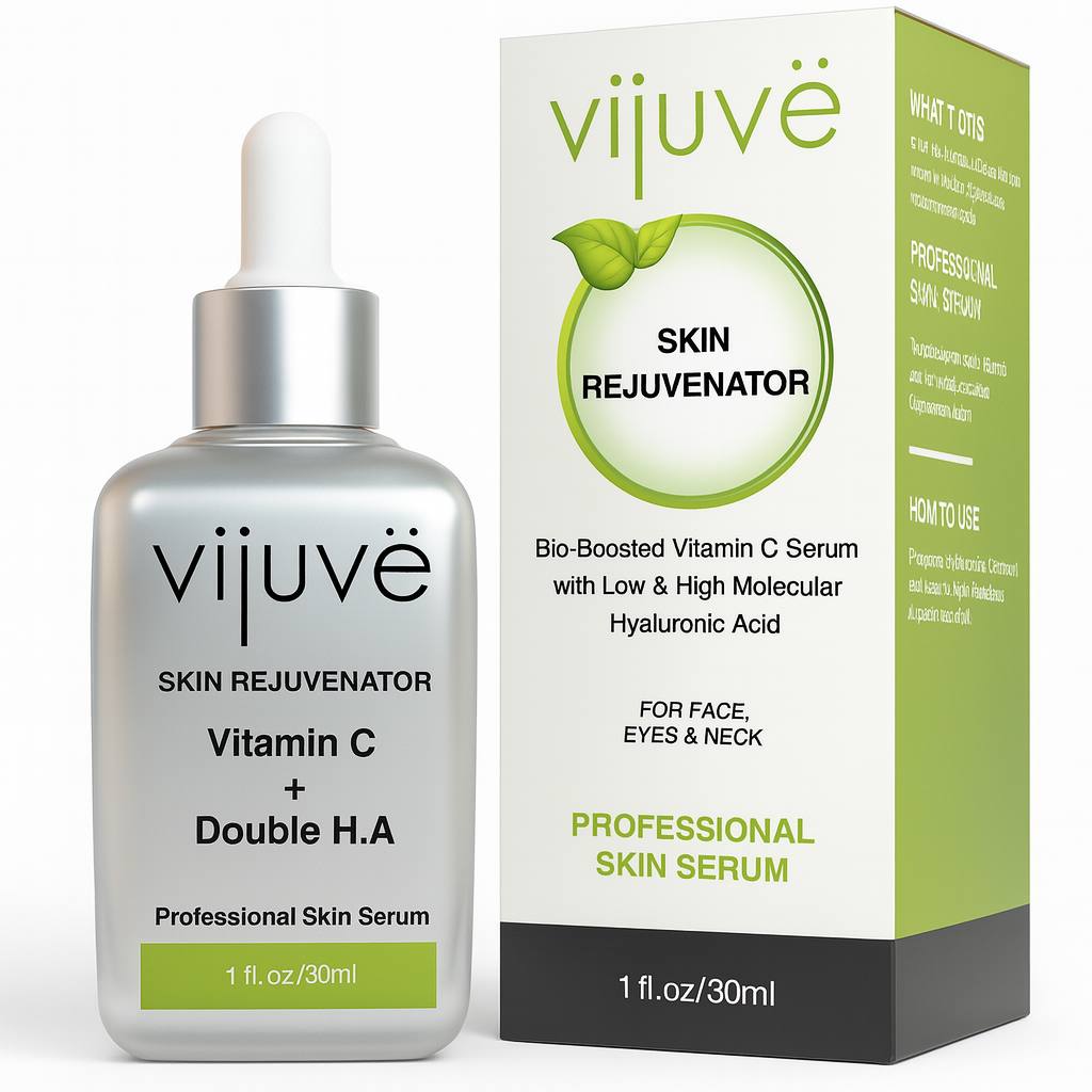High-resolution product image of Vijuve Skin Rejuvenator Serum with Vitamin C and Double Hyaluronic Acid, professional anti-aging facial serum for brightening, hydrating, and reducing fine lines, 30ml bottle with packaging.