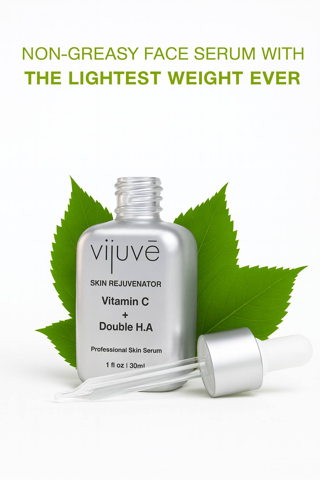 Vijuve Skin Rejuvenator Vitamin C + Double H.A Serum bottle with dropper on clean background, professional lightweight face serum for brightening and hydration, 30ml