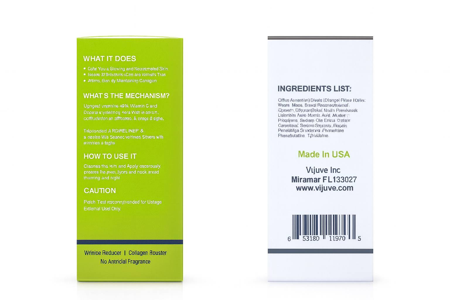 High-resolution image of the Vijuve Vitamin C + Double Hyaluronic Acid Serum packaging showing the left panel with product benefits and the right panel with ingredients, Made in USA label, and barcode — professional skincare anti-aging serum box.