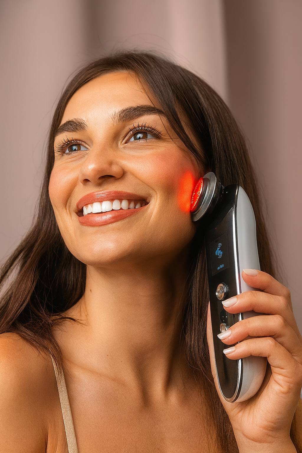 Close-up of a smiling woman using a red light therapy facial device for skin tightening, anti-aging, and collagen boosting; premium LED RF beauty tool for home skincare treatments.