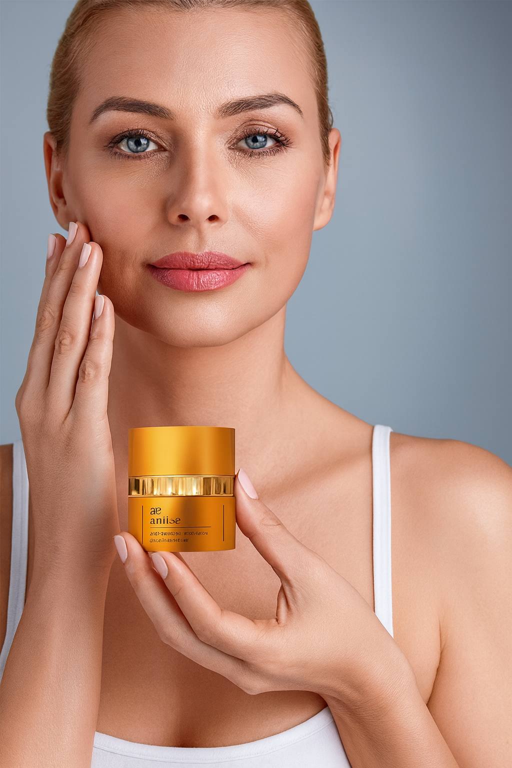 Woman applying Aniise anti-aging face, neck and décolleté serum while holding product jar – premium skincare moisturizing and firming treatment.