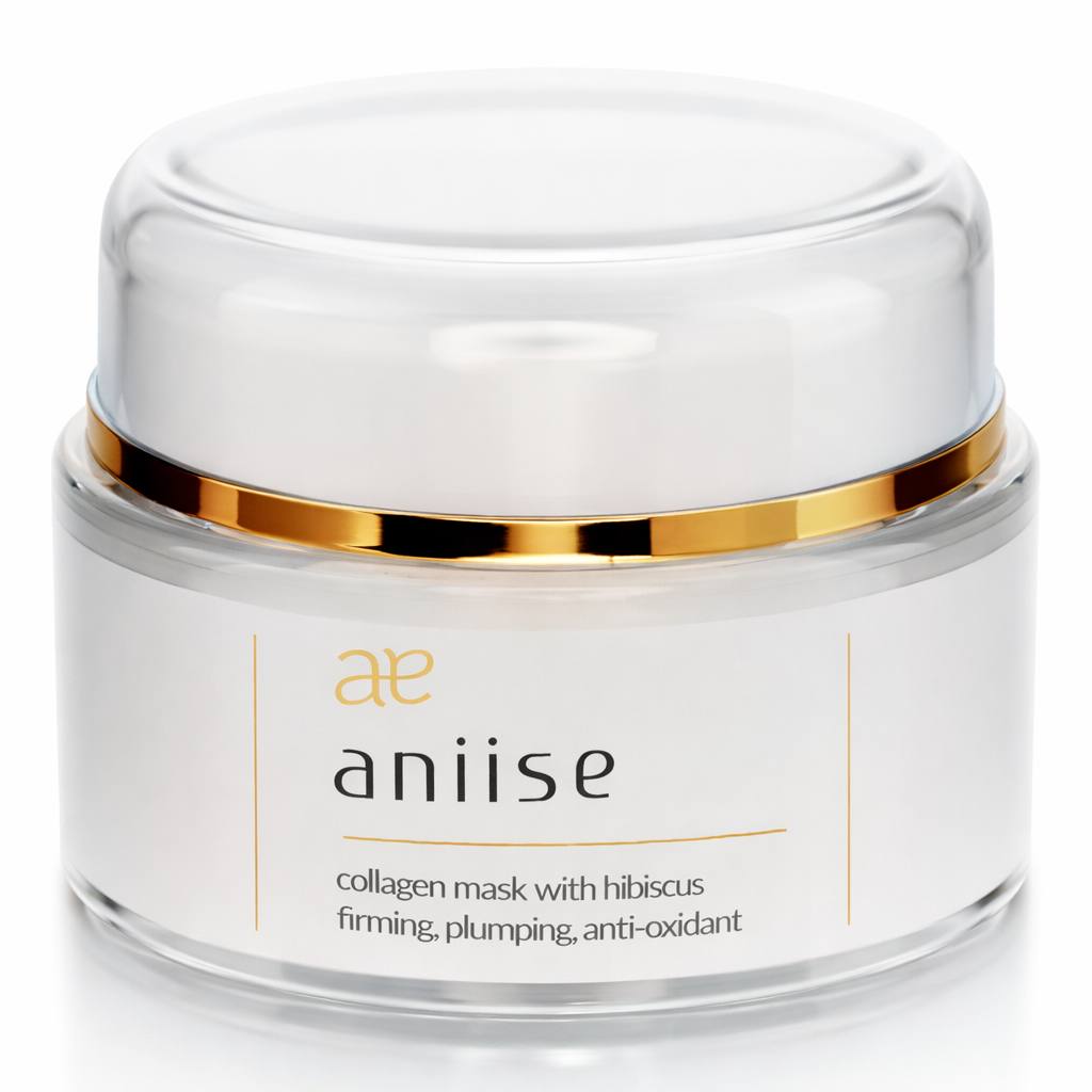 Aniise collagen mask with hibiscus in luxury glass jar, firming and plumping antioxidant facial skincare treatment