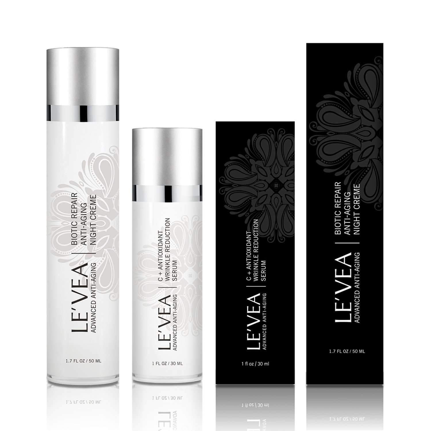LEVEA Age Perfect Night Repair Cream + Vitamin C Serum duo with gift box packaging.