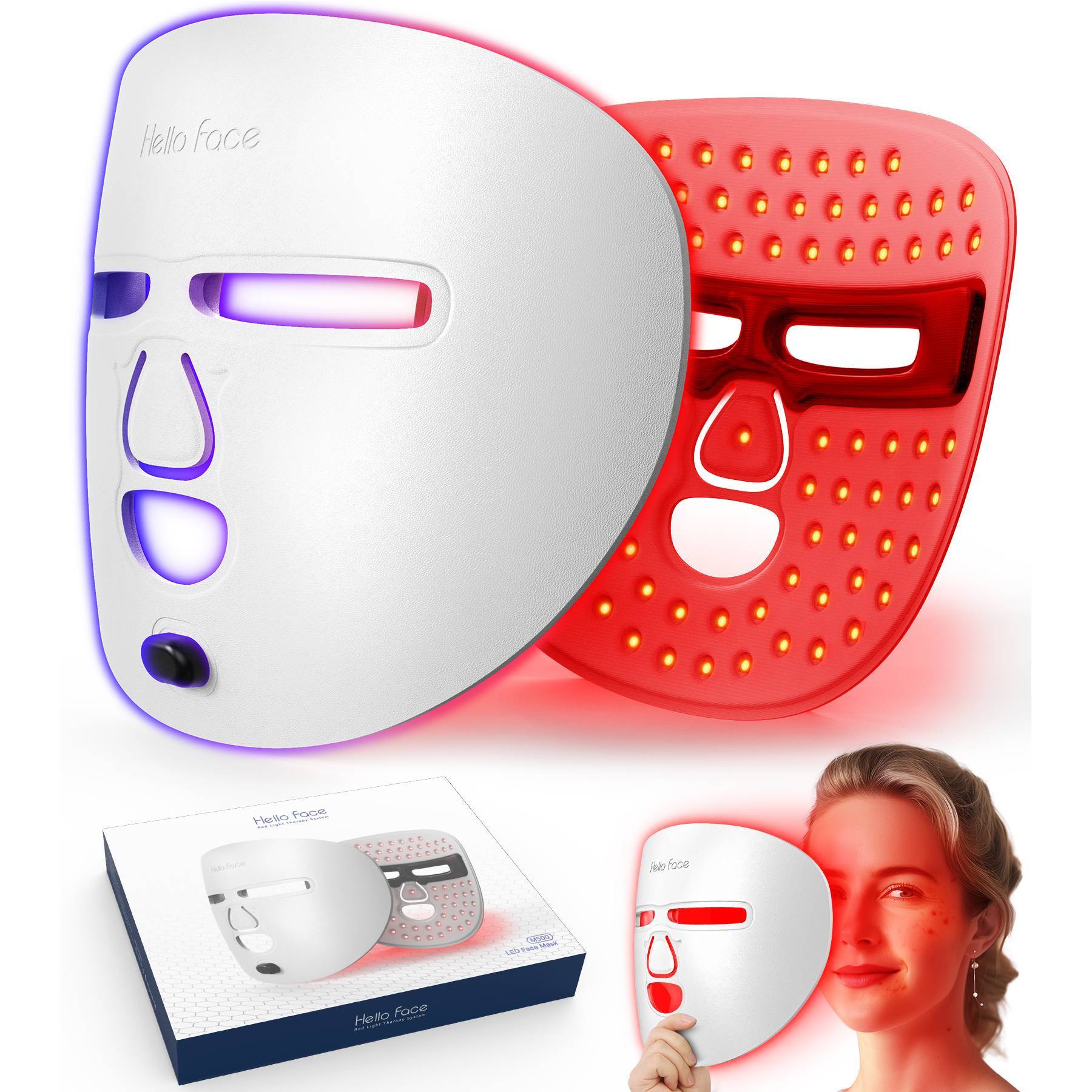 Red and white LED light-therapy face mask set with box; model demonstrates use.