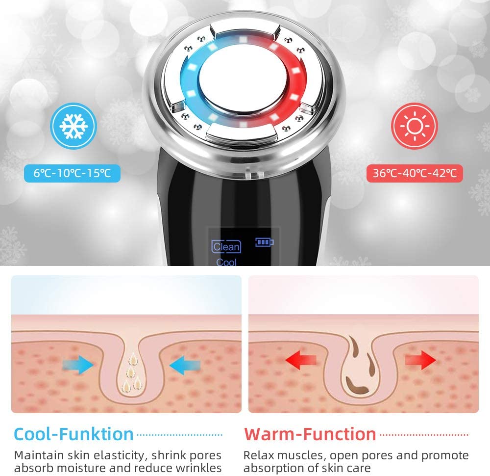 Diagram of cold and warm modes showing pore tightening and essence absorption.