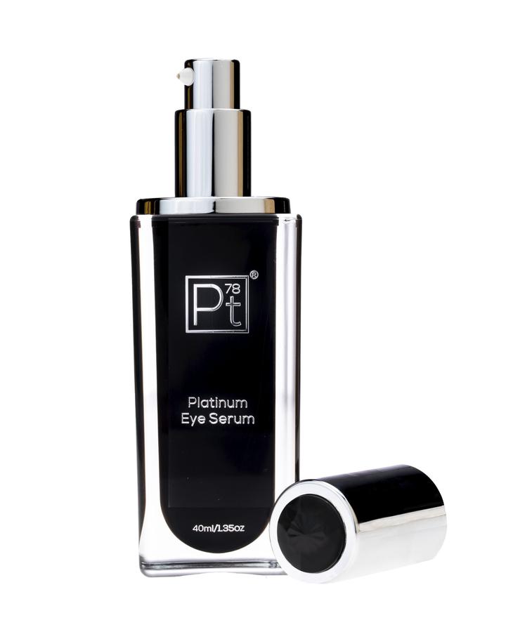 Platinum Eye Serum bottle with pump and cap on white background — firming treatment for under-eye puffiness and crow’s feet