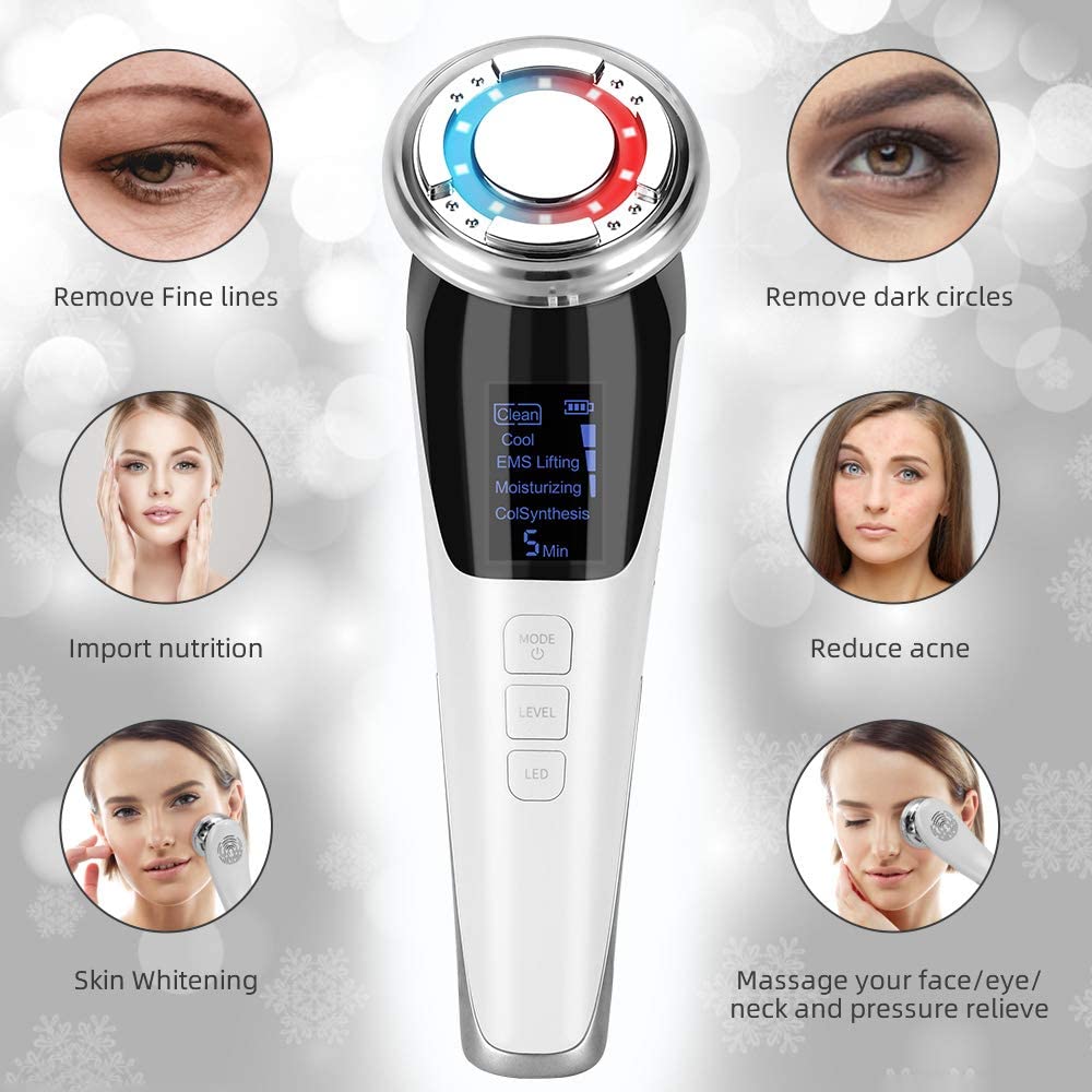 Model using ultrasonic LED facial massager on cheek for lifting and serum uptake.