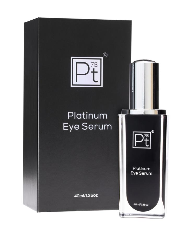 Platinum Eye Serum with black box on white background — luxury anti-aging eye serum for fine lines and dark circles, 40 ml