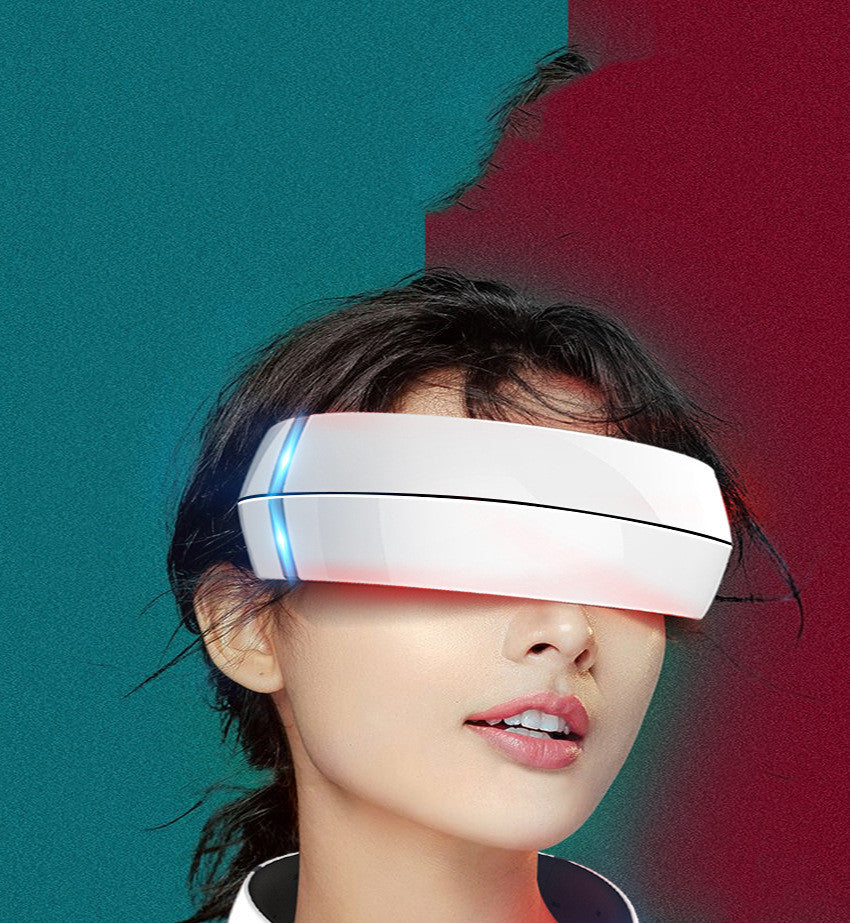 Model wearing Fav Naomi Eye Therapy Mask (heat + vibration) for soothing eye relief.