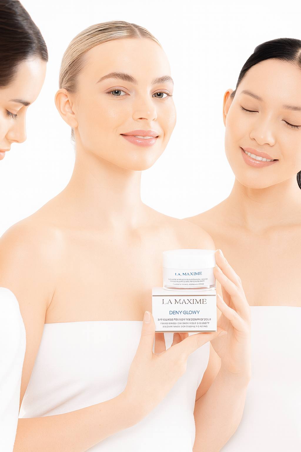 Three women with glowing skin holding La Maxime Dewy Glowy exfoliating scrub and hydrating mask, showcasing premium 2-in-1 facial skincare product for luminous and smooth skin