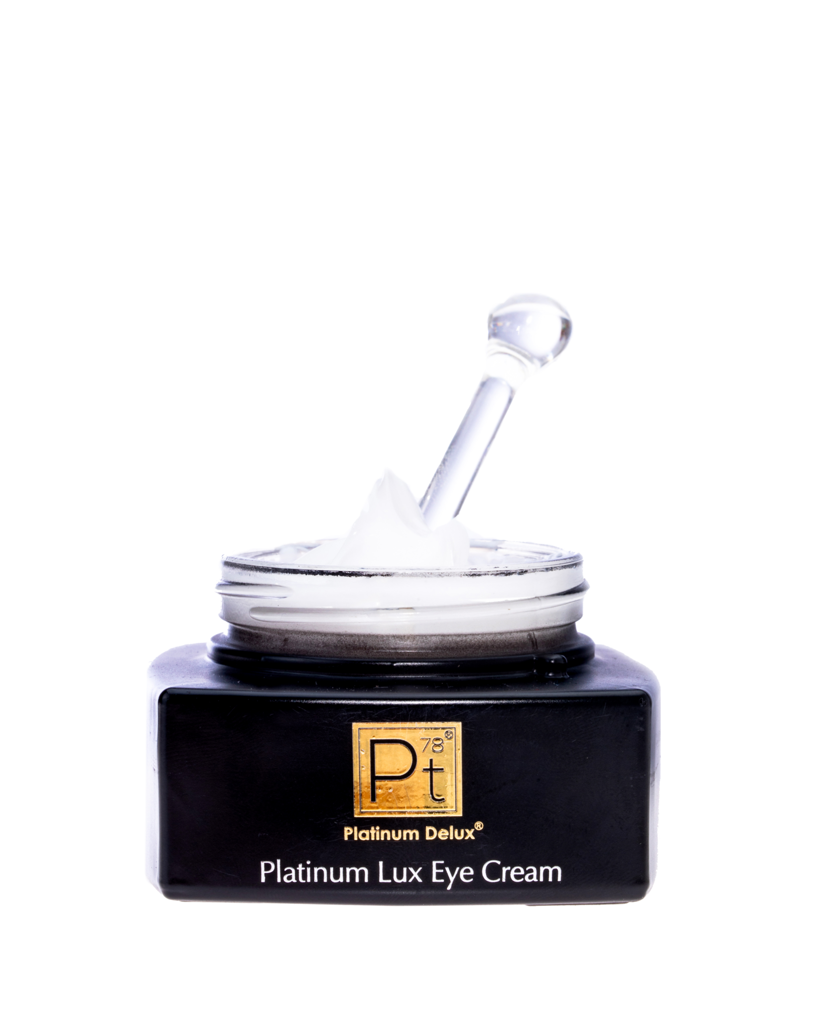 Platinum Lux Eye Cream jar with spatula — hydrating under-eye cream