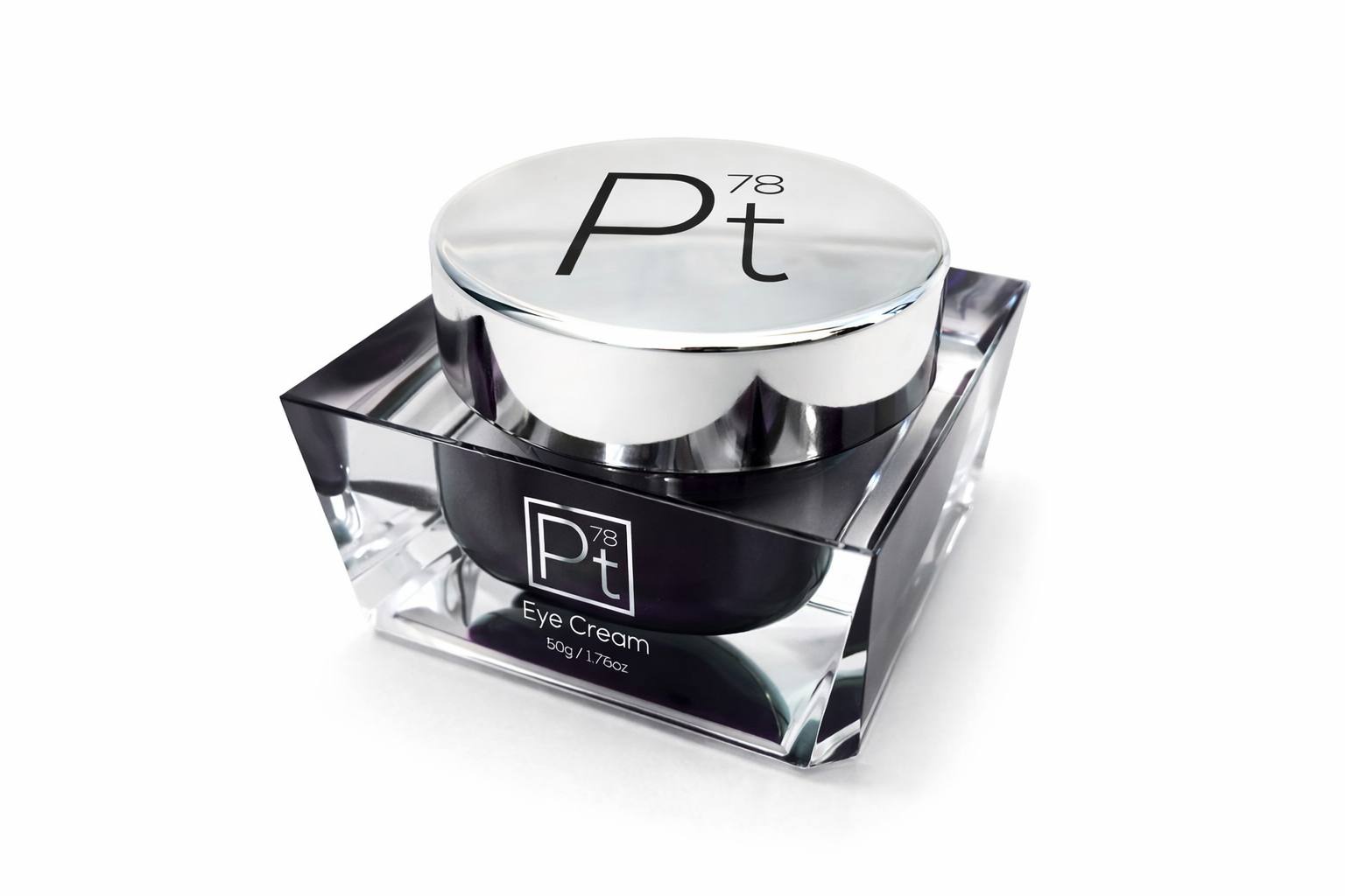 Luxury platinum eye cream in crystal glass jar with silver lid, anti-aging eye treatment for dark circles, puffiness, and fine lines