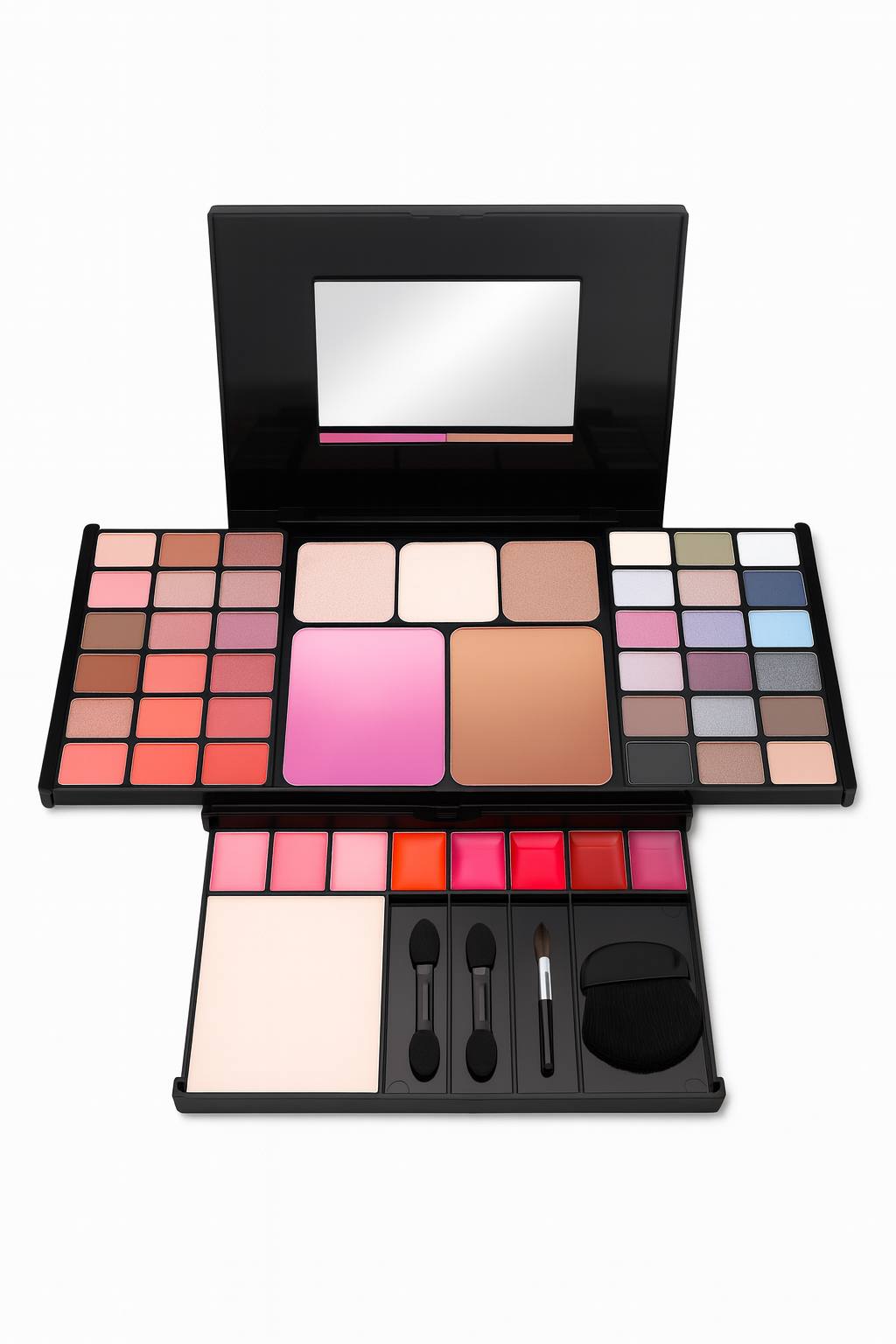 Full professional makeup palette with eyeshadows, blush, contour, lip colors, face powder, and applicators, displayed open with mirror — all-in-one cosmetic kit for beauty, travel, and everyday makeup