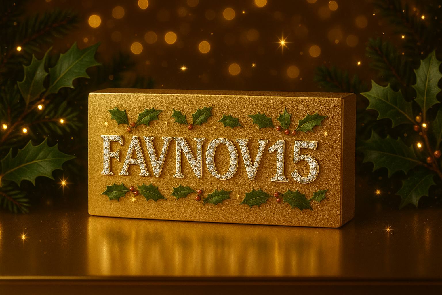 Gold holiday banner with FAVNOV15 discount code for 15% off first order at Fäv Naomi Skincare, with Christmas lights and holly decorations.