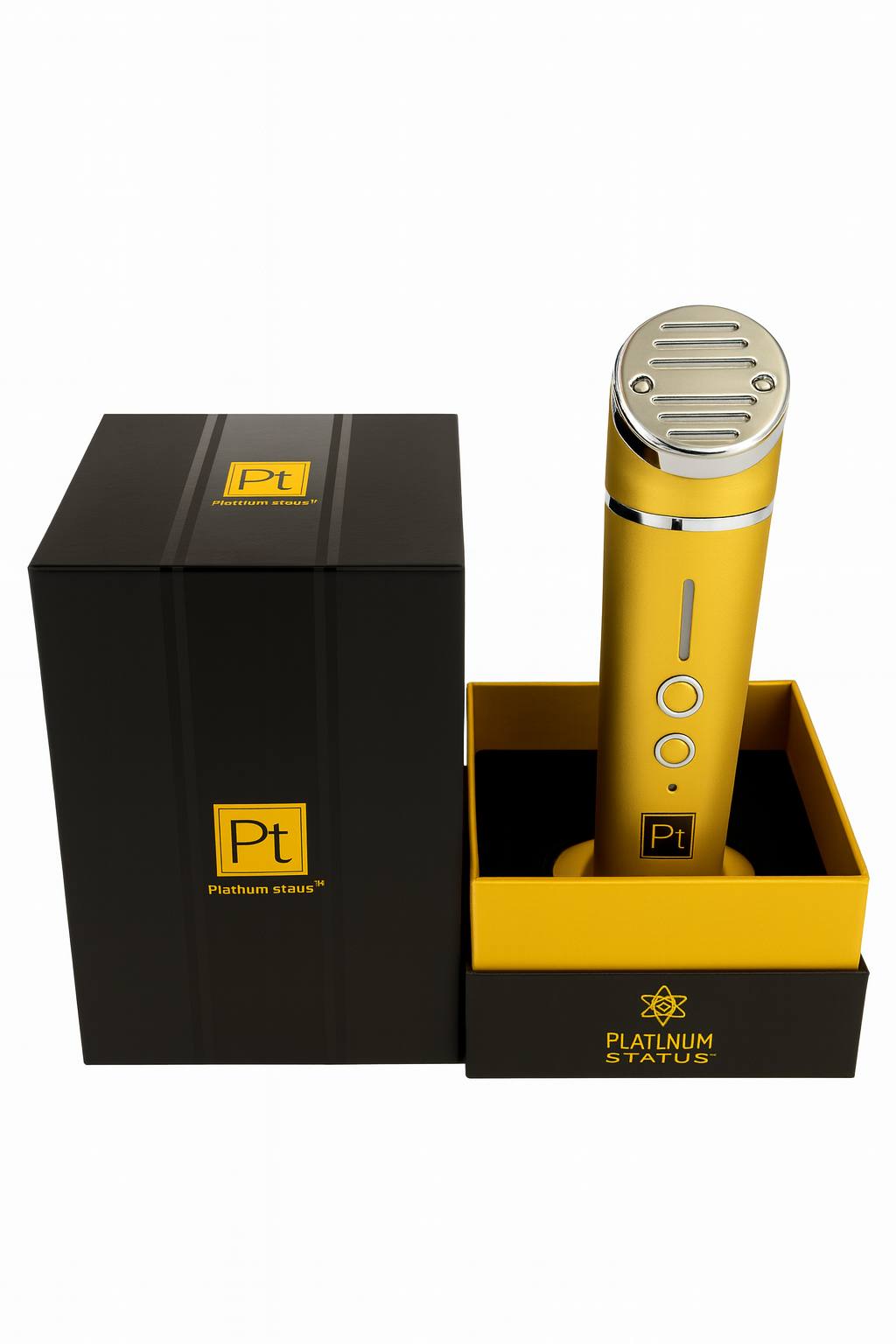 Unboxing view-gold red light therapy wand resting in black-and-gold presentation box