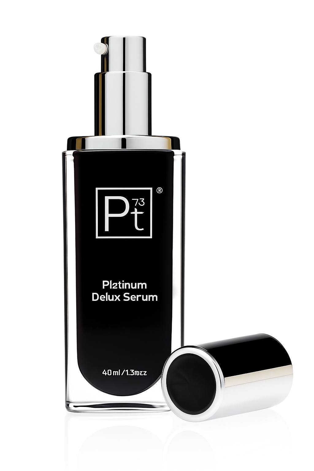 Platinum Delux Serum with open pump and cap — dispensing detail