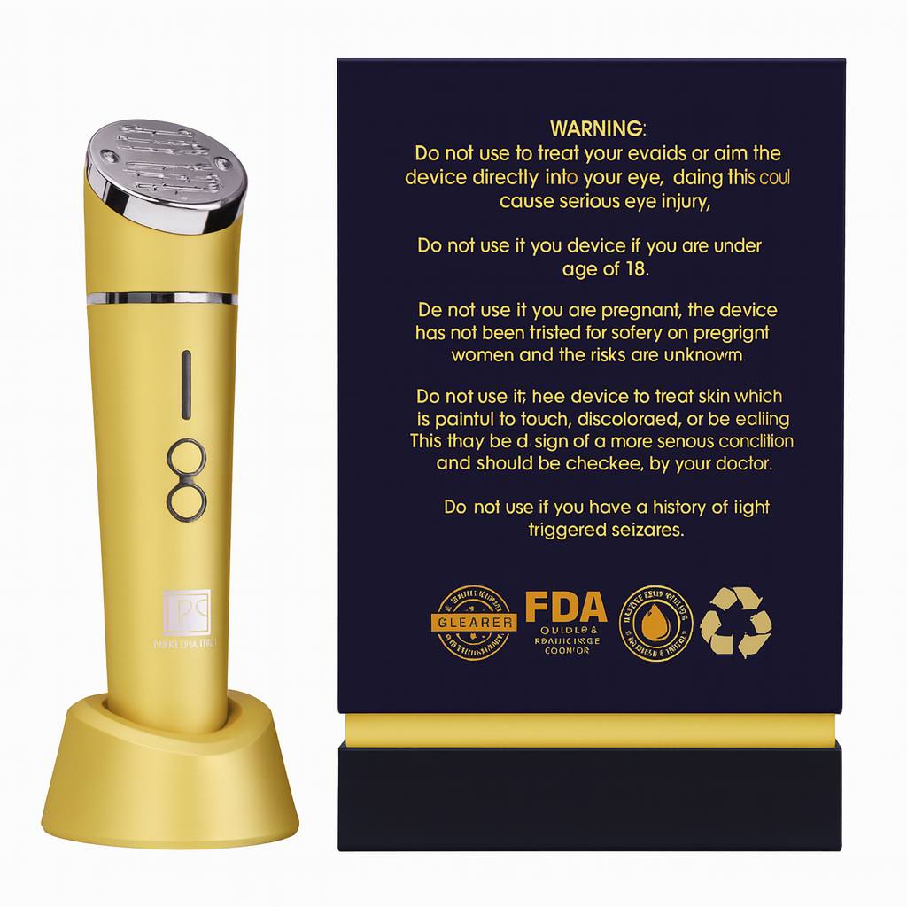 Rear of packaging with specifications beside gold LED therapy wand and base