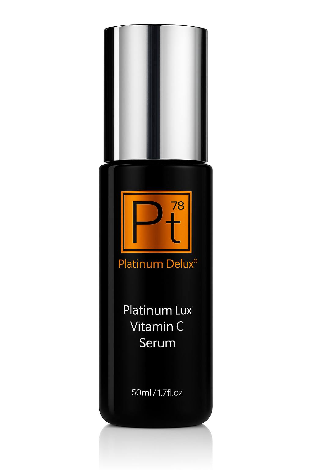 Close-up of Platinum Lux Vitamin C Serum pump and platinum logo on black glass bottle.