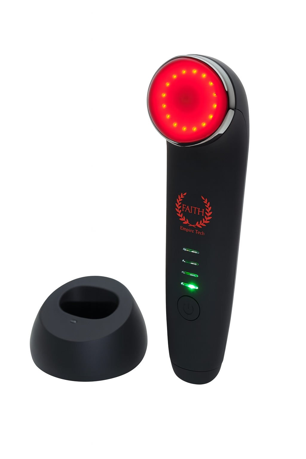 Three-quarter view of the red light thermal facial device showing power indicators and curved head.