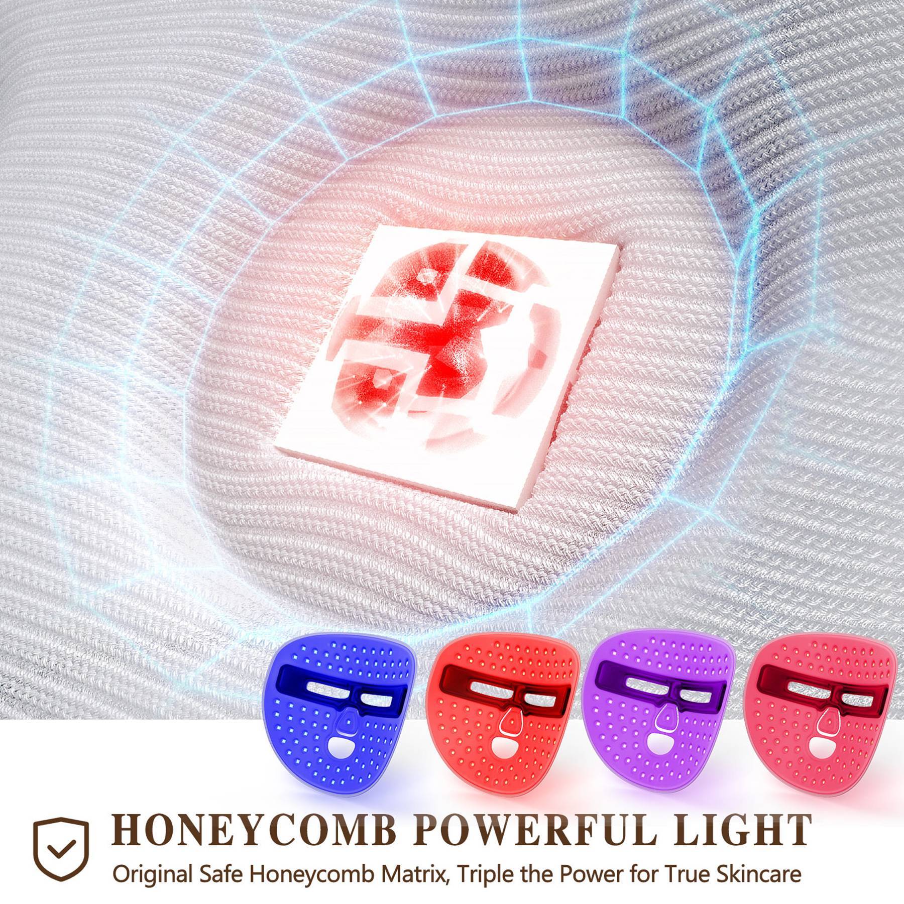 Honeycomb LED array close-up showing multi-color light modes on therapy mask