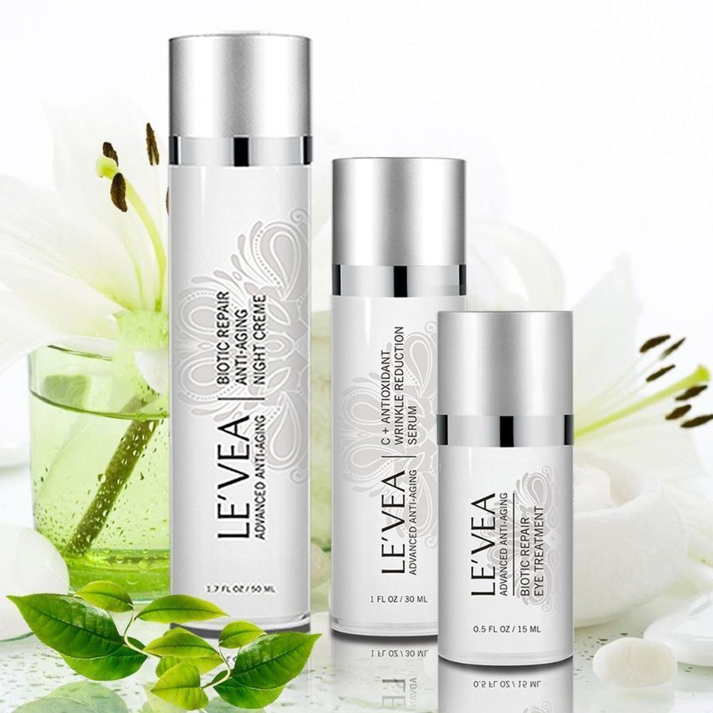 Le'Vea anti-aging skincare trio with natural leaf backdrop