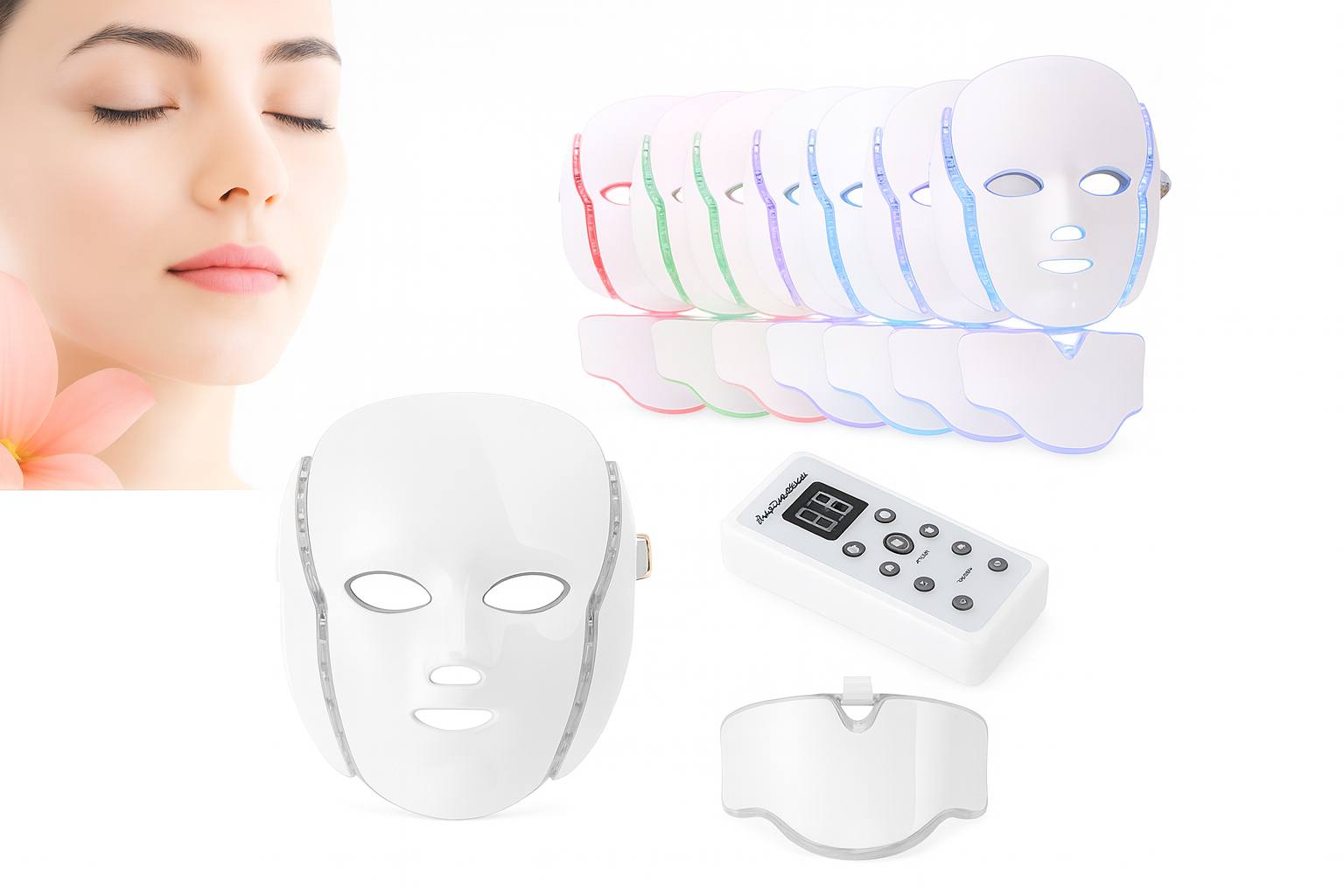 7-color LED light therapy facial mask set with remote control and neck attachment, displayed alongside skincare model, showcasing multi-color photon therapy for anti-aging, acne treatment, and skin rejuvenation.”
