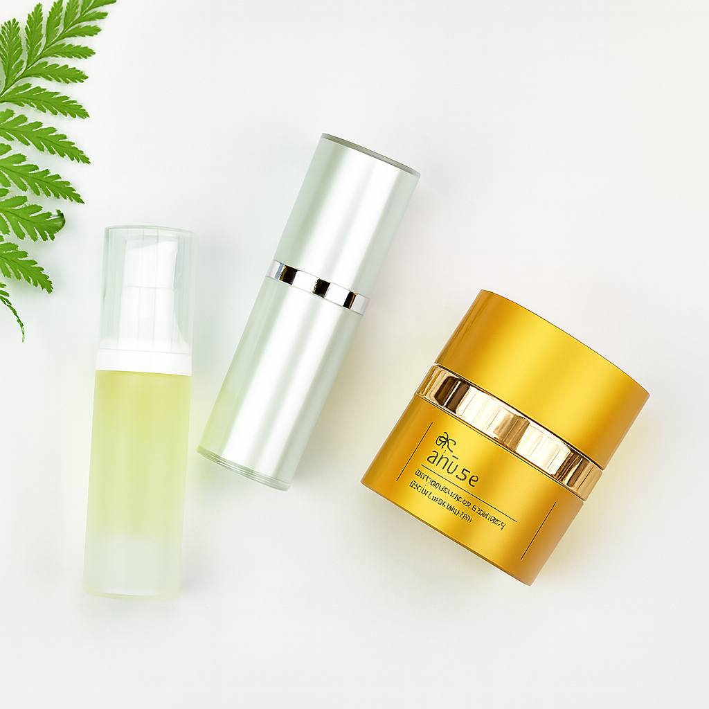 Aniise anti-aging face and neck serum product photo – luxury gold skincare jar and lotion bottle on clean white background
