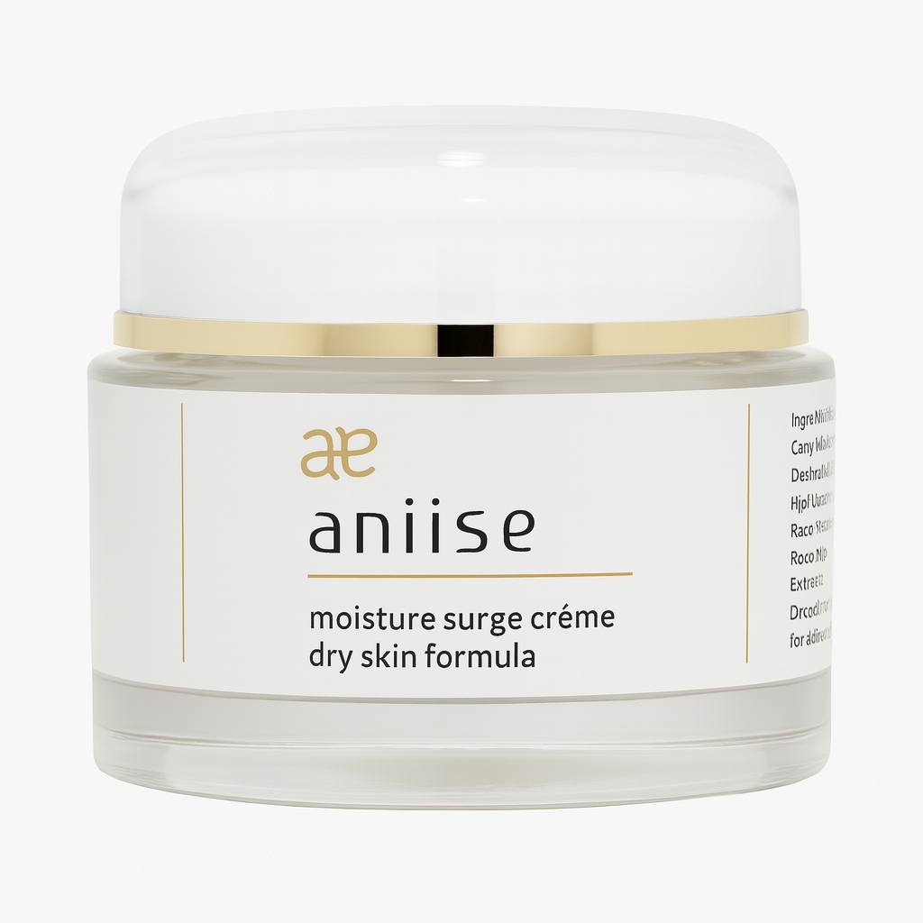 Aniise Moisture Surge Crème jar for dry skin – deep hydration facial moisturizer with gold-accented lid, anti-aging hydrating cream product photo on clean white background.