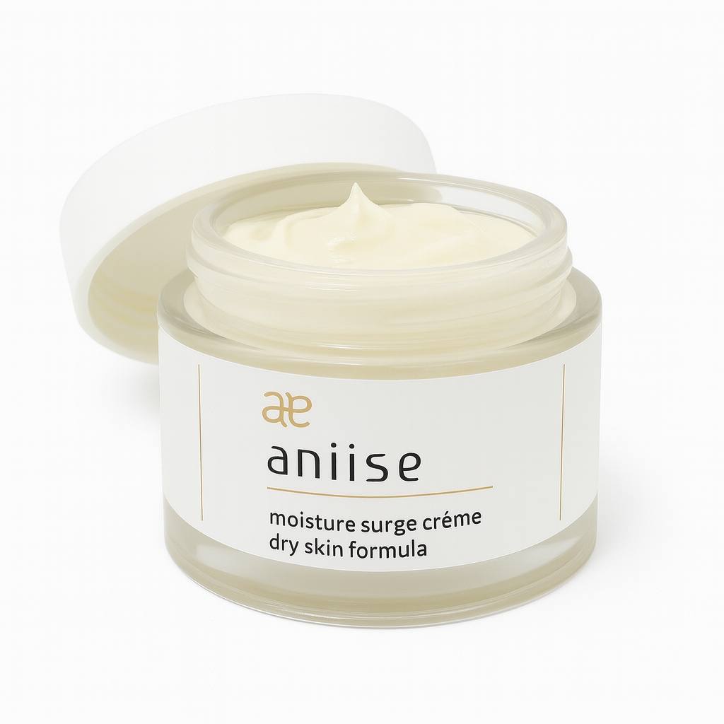 Aniise Moisture Surge Crème with lid open – deep hydration dry skin moisturizer jar revealing rich face cream, premium anti-aging skincare product on clean white background.