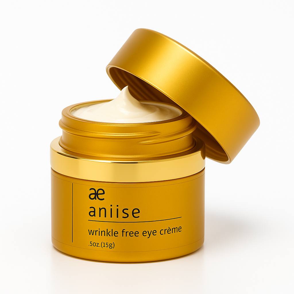Aniise Wrinkle Free Eye Crème with lid open – hydrating anti-aging eye treatment for wrinkles, fine lines, dark circles, and puffiness in gold luxury jar on white background