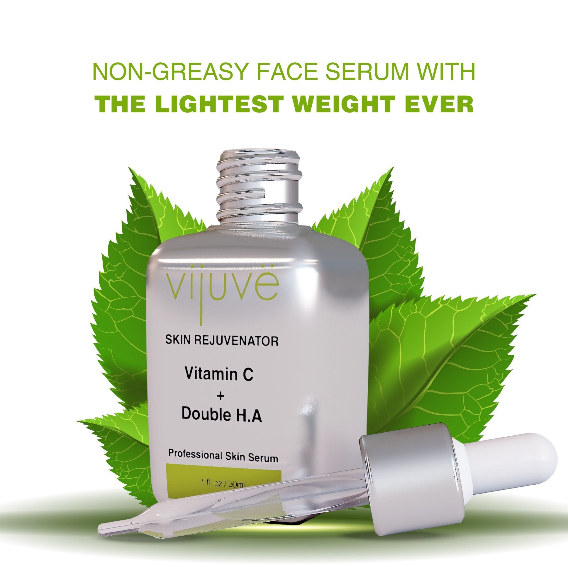 Vijuve Vitamin C serum with hyaluronic acid—lightweight, non-greasy formula on green leaves