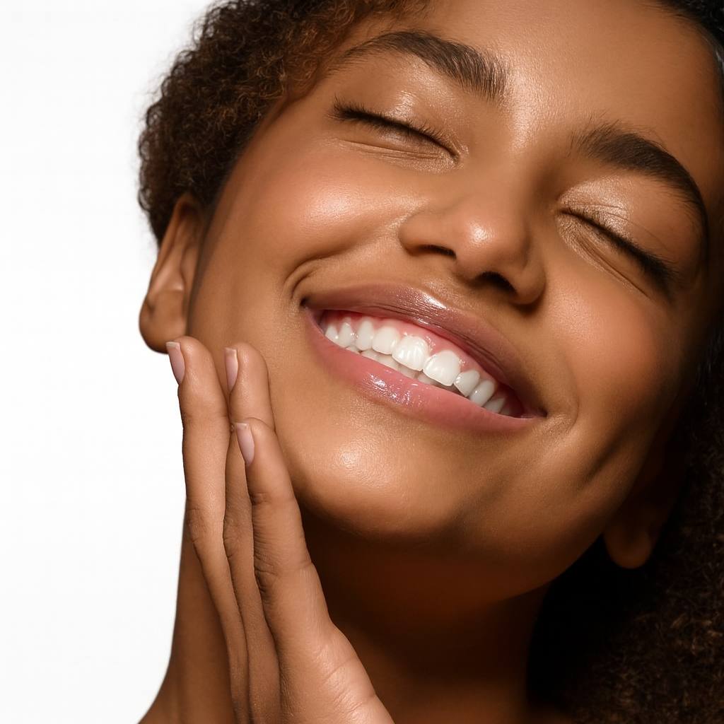 5K ultra-HD close-up of a smiling woman with glowing, smooth, radiant skin and natural makeup, showcasing healthy complexion and skincare results against a clean background.