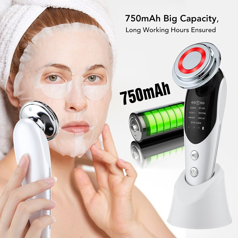 Model using white RF & LED facial massager; rechargeable 750mAh design