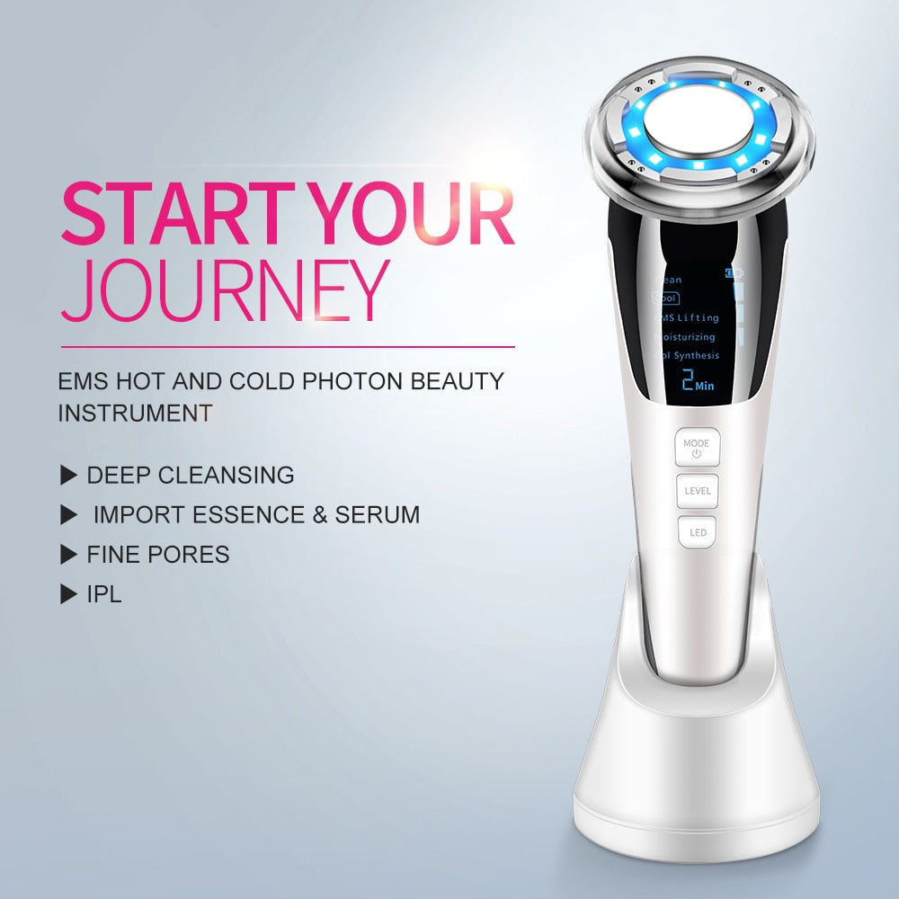 White RF/EMS LED facial device on charging base with blue light ring, Fav Naomi beauty tool.
