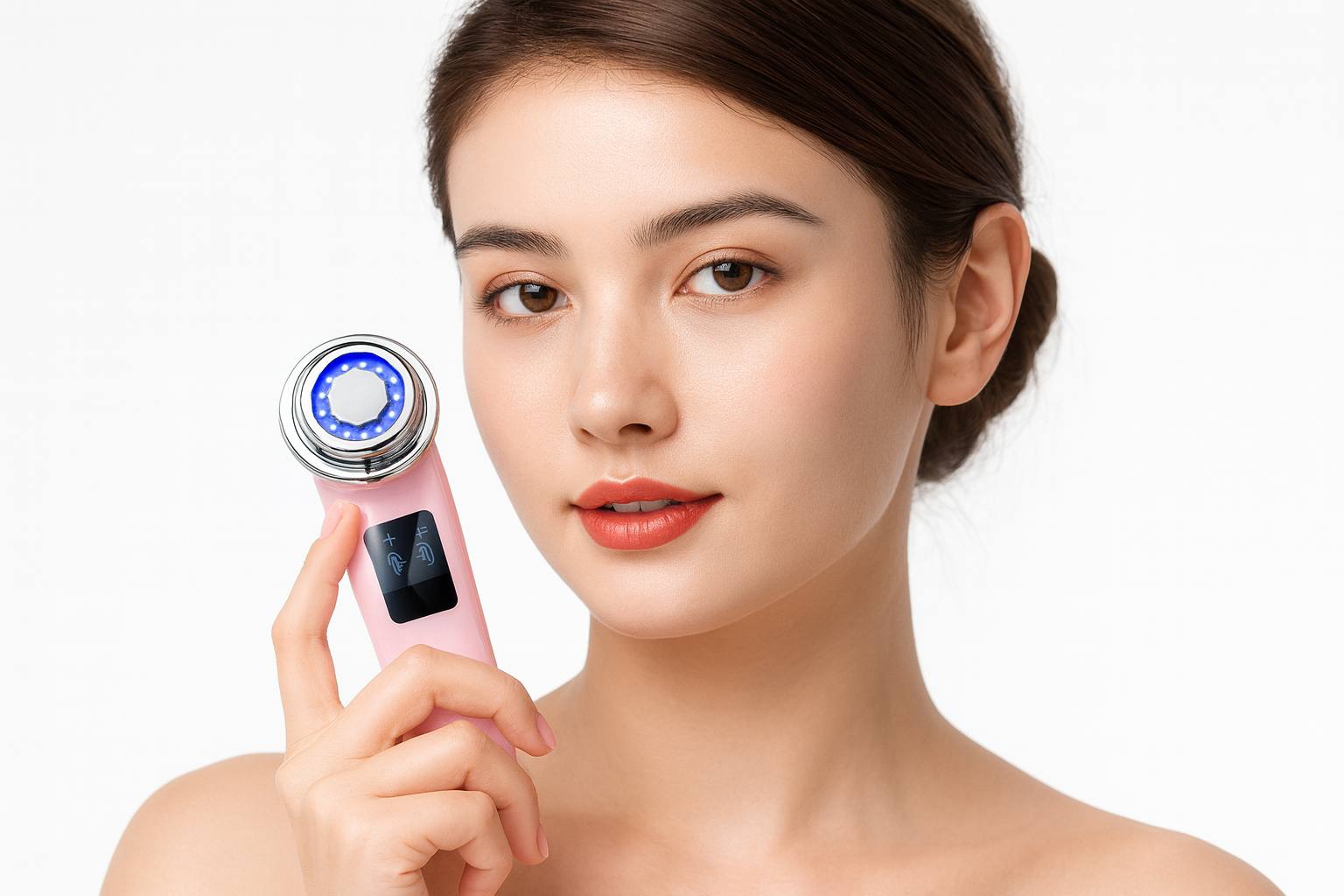 Young woman holding a blue-light LED facial massager against her face, demonstrating skin tightening, anti-aging, and deep-cleansing device for glowing, rejuvenated skin.