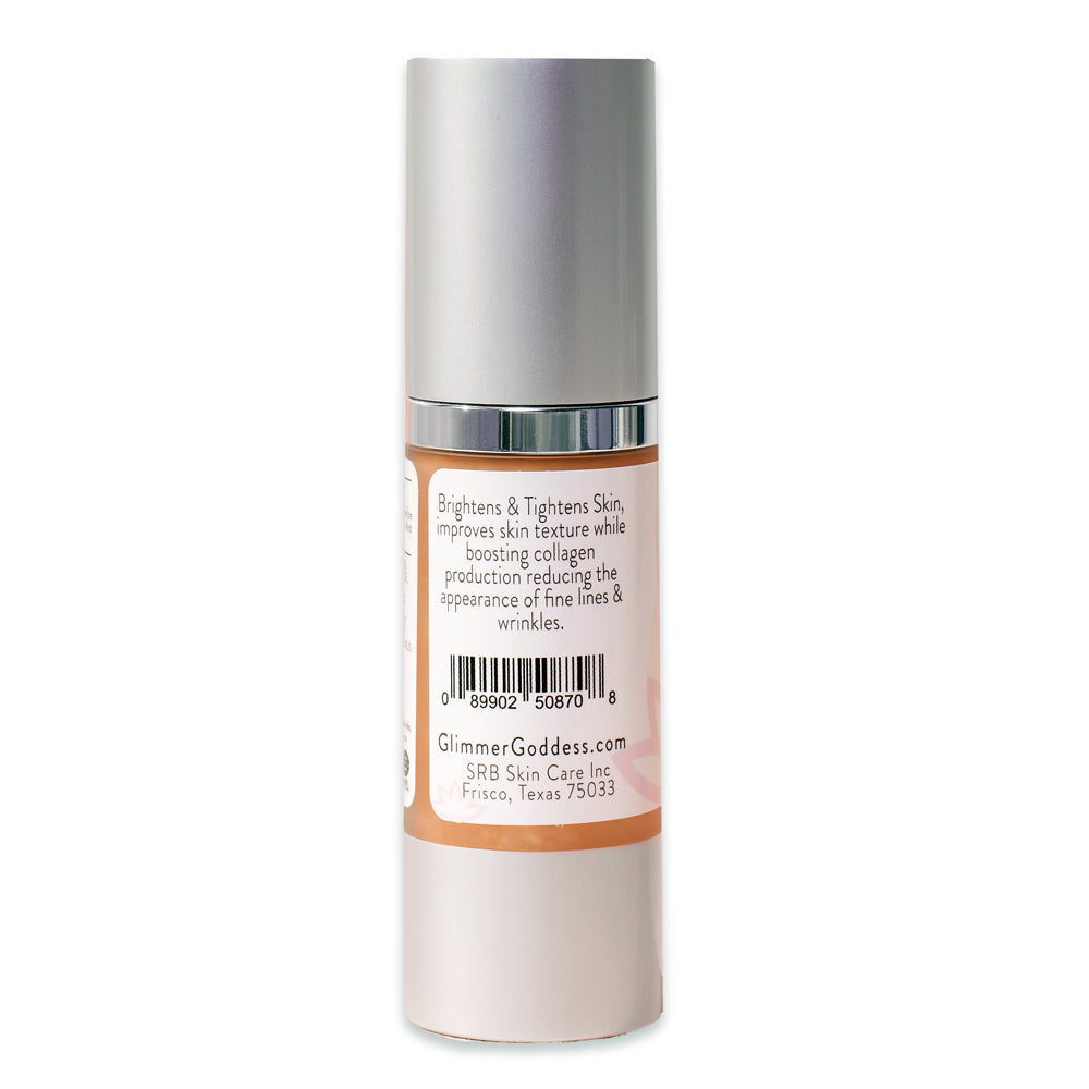 Organic Vitamin C Serum 20% back label and pump, ingredient panel and usage details.