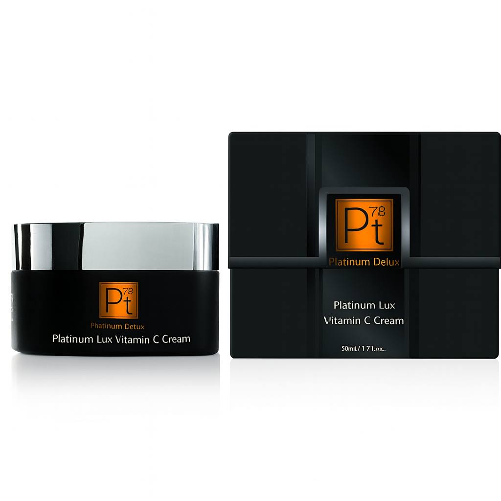 Platinum C Radiance Cream — black jar with matching gift box on a white background; brightening vitamin-C moisturizer curated by Fav Naomi.
