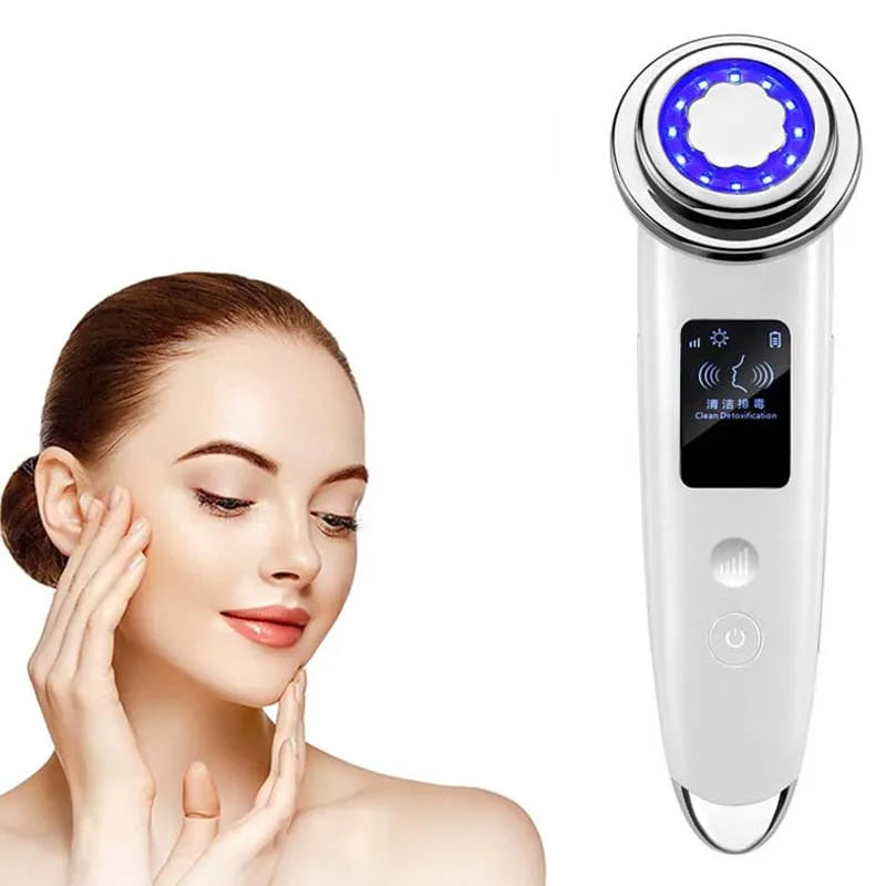 LED facial wand with model, blue light ring.