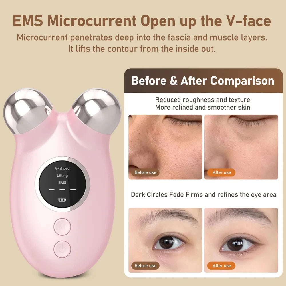 Pink microcurrent facial toning device with dual metal spheres on white background