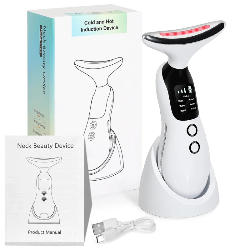 Fav Naomi neck & face sculpting massager with LED heat and rechargeable base, white, on clean background.