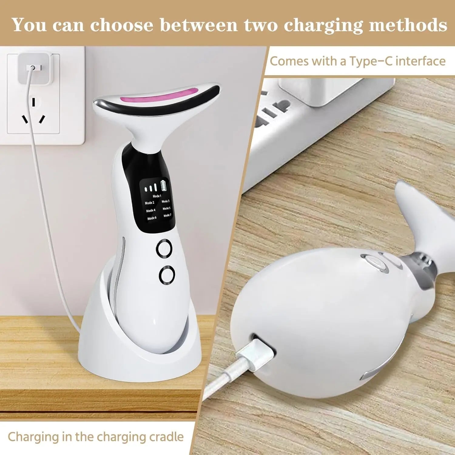 Neck facial lifting massager on vanity with charging base and USB cable