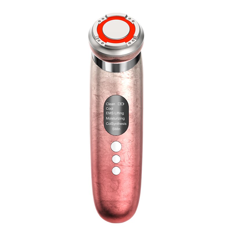 Rose-gold EMS hot and cold LED facial massager wand with display and three buttons on a white background