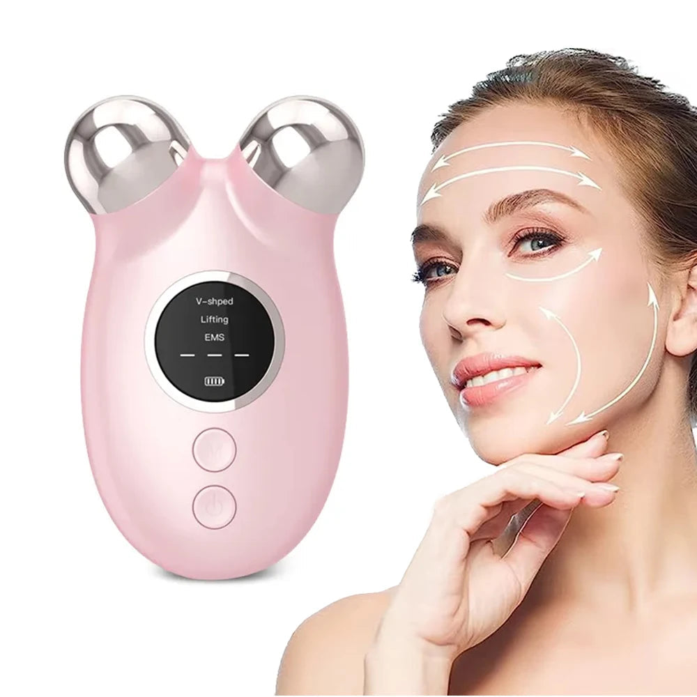 Model demonstrating pink microcurrent face massager along the jawline.