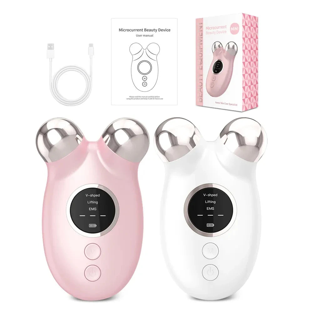 Microcurrent facial device set with pink and white units, charging cable, and packaging