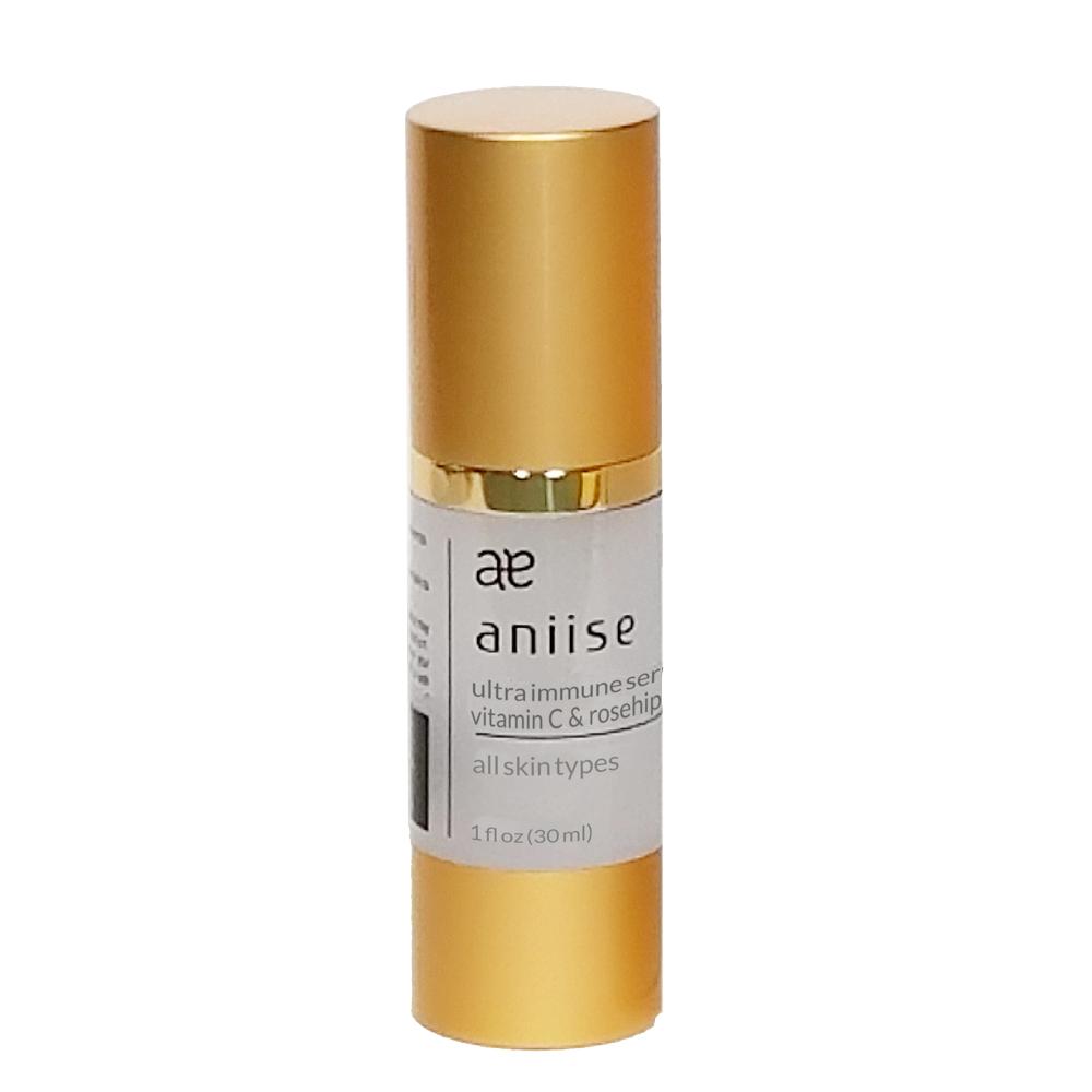Aniise Ultra-Immune Vitamin C Serum 30 ml in gold airless pump, bottle on white