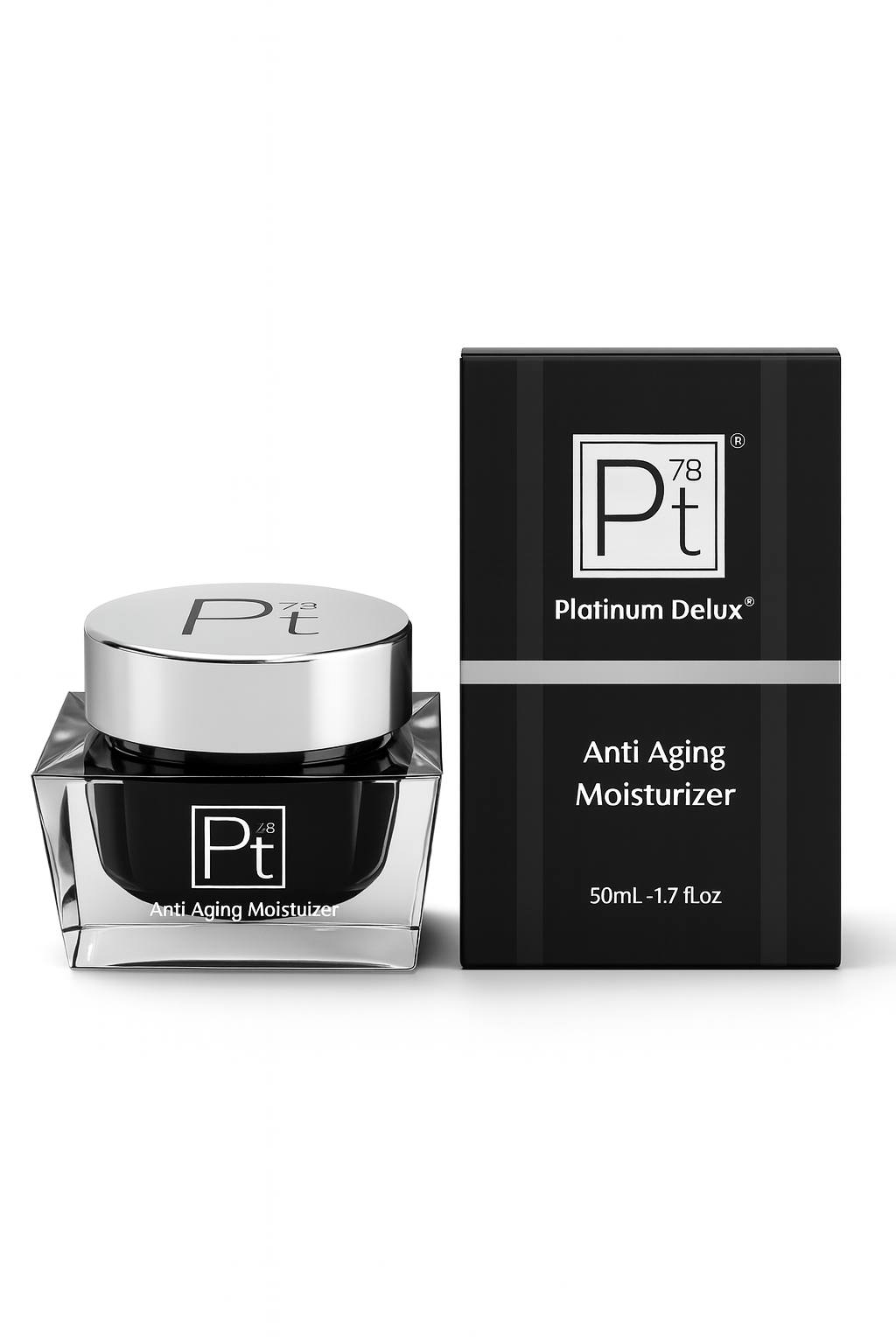 Platinum Lux Anti-Aging Moisturizer jar with silver cap and black gift box on white background.