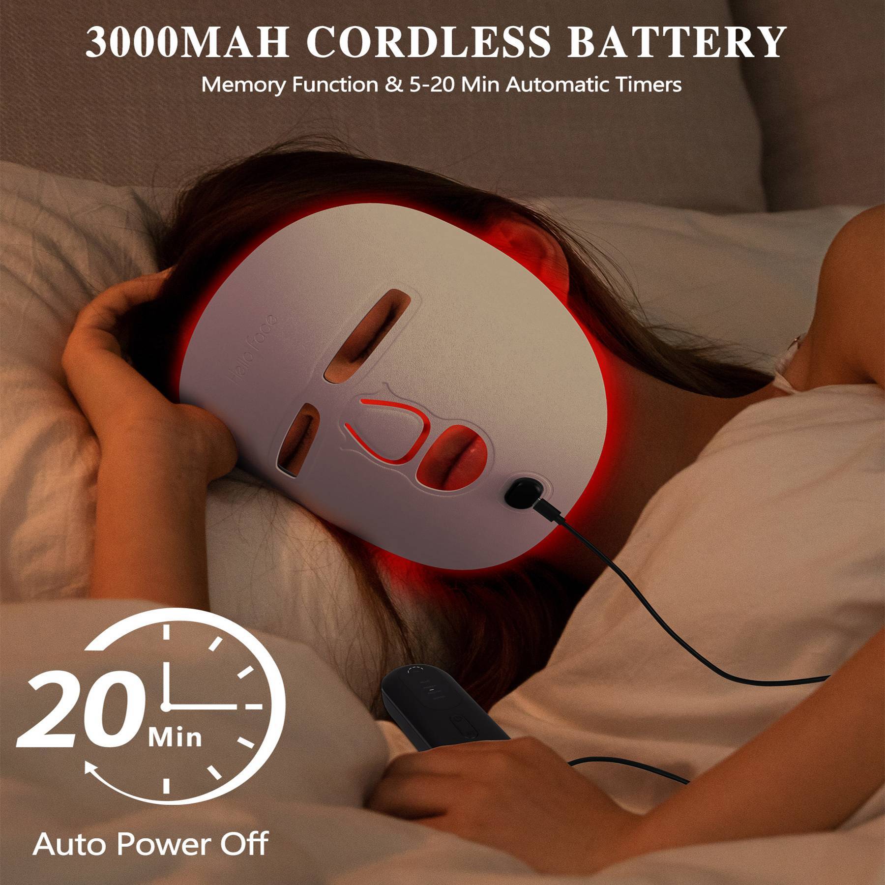 Woman relaxing while wearing wireless LED light-therapy mask; long-life battery, auto-off