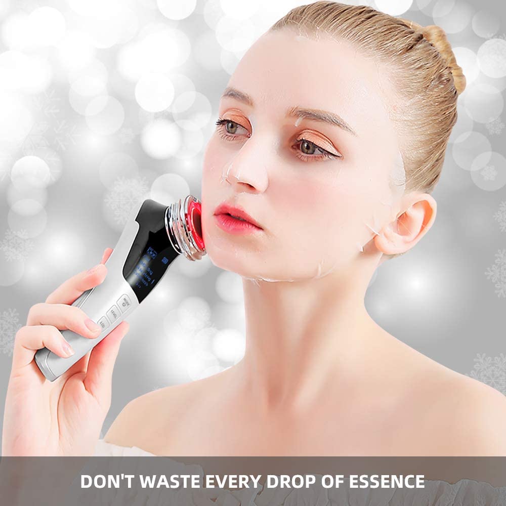 Ultrasonic facial massager showing multi-color LED ring and control display